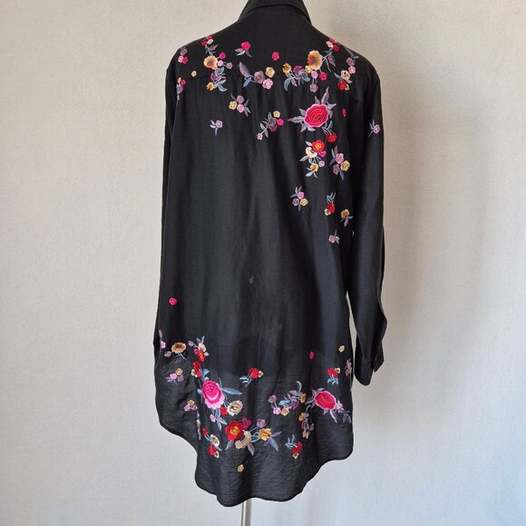 ZARA Floral Embroidered Cotton Silk Oversize Shirt Button Long Sleeve Black - Picture 5 of 13